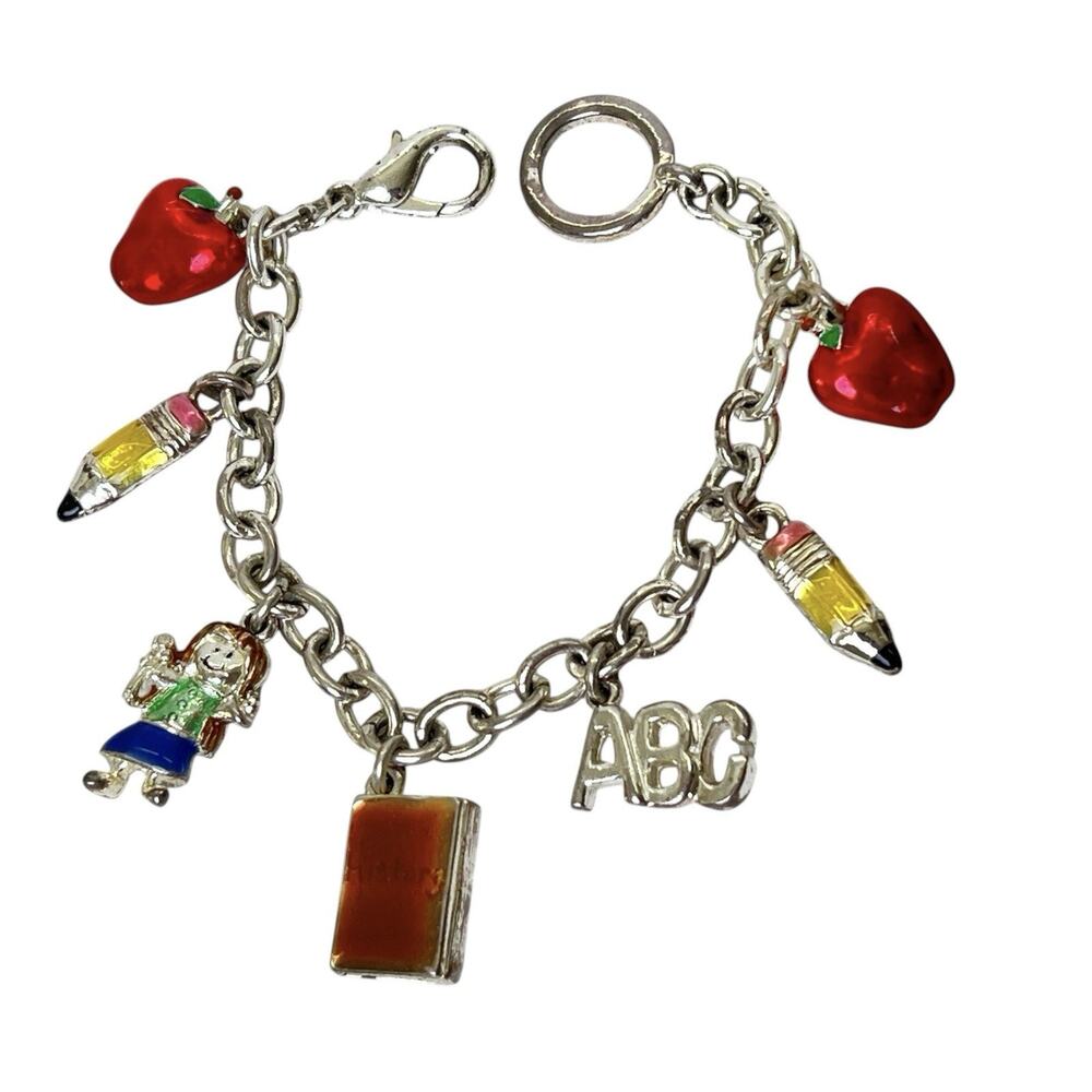 Charm Bracelet Teacher Gift School Silver Tone Dangle Apple Pencil ABC Vintage